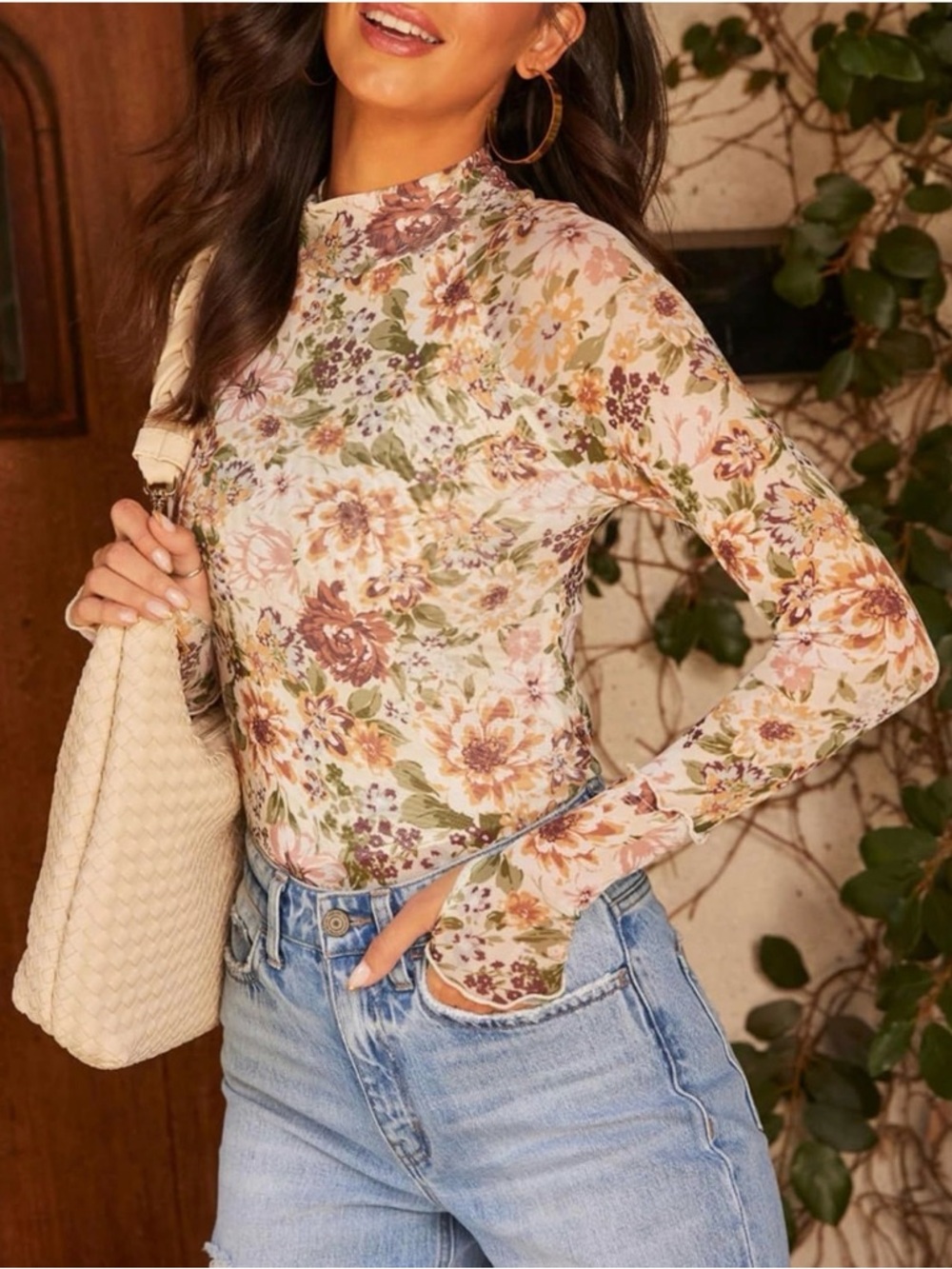 NWT Dressmine Floral Mesh Mock Neck Top Size M Boho Cottagecore